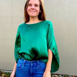 Talbots Emerald Green Silk Blouse Flowing Sleeves